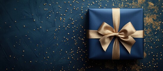 Navy blue Christmas gift box with golden bow ribbon decorations. Generated AI image - obrazy, fototapety, plakaty