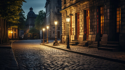 A timeless photograph of an old, charming street paved with cobblestones, lined with vintage lampposts that cast a warm, inviting glow, capturing the enduring allure of a bygone era