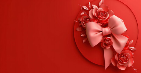 red circle with decorative bow and roses with copy space for text , for valentine's day festive 