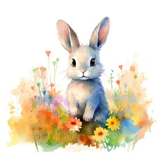 Forest cute watercolor baby bunny animal in the forest flower background. Nursery woodland illustration. Bohemian boho drawing easter background