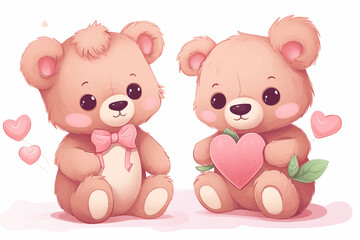Obraz na płótnie Canvas two cute little teddy bears with pink hearts, for valentine's day postcard, valentine's day card, generative AI