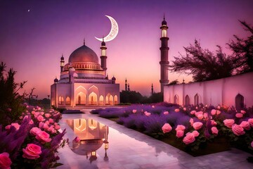 a pink mosque surrounded by beautiful view - obrazy, fototapety, plakaty