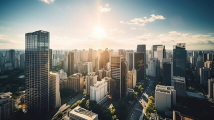 Obraz premium High-tech urban landscape with green spaces by a flowing river, set against a vibrant blue sky