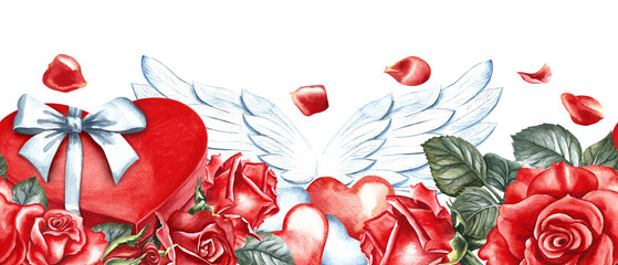 A banner for Valentine's Day. A gift box in the shape of a red heart with a white bow, an arrow and cupid's wings, roses. A hand-drawn watercolor illustration. For Valentine's Day, a wedding.