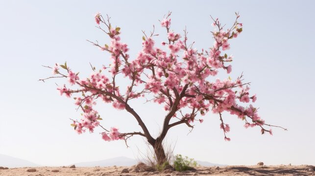  a pink flowered tree in the middle of a sandy area with a blue sky in the backround.