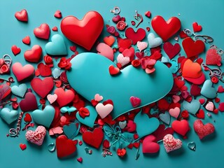 banner for valentine's day lots of colorful hearts on a turquoise background