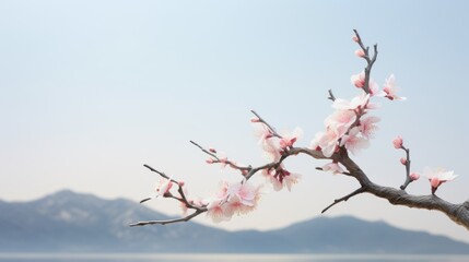 Obraz premium a branch of a tree with pink flowers in front of a body of water with mountains in the back ground.