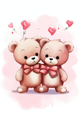 two cute little teddy bears with pink hearts, for valentine's day postcard, valentine's day card, generative AI