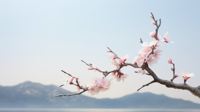  a branch of a tree with pink flowers in front of a body of water with mountains in the back ground.