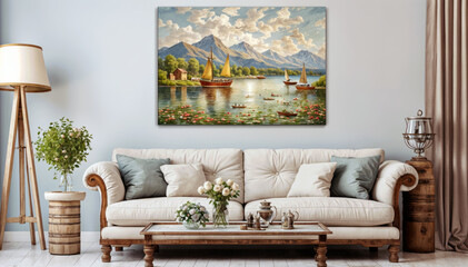 a light blue wall above a white couch A coffee table with a vase of roses sits in front of the couch - obrazy, fototapety, plakaty