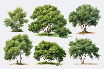 oil painted green trees and bushes isolated on white background, forest collection, summer foliage
