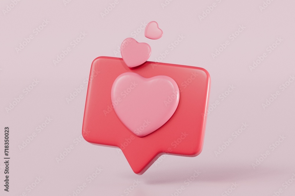 Poster 3d red hearth bubble icon with notification new message sign icon. minimal 3d hearth with notificati