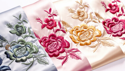 silk fabrics with colorful floral embroidery