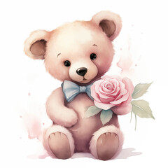 cute little teddy bear holding a pink rose for valentine's day postcard, valentine's day card, generative AI