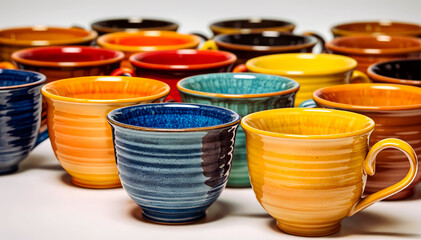 A variety of colorful ceramic cups are arranged in a semi-circle on a white background