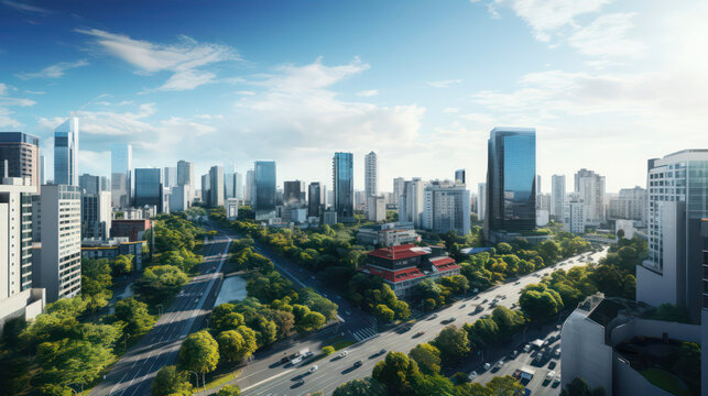Modern, eco-conscious city with towering structures by a gentle river, under a brilliant blue sky