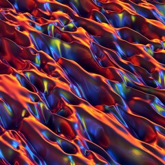 Abstract, fluid and colorful 3D background texture. Modern and contemporary feel. Metallic, iridescent and reflective with shades of orange, blue, yellow, red, black
