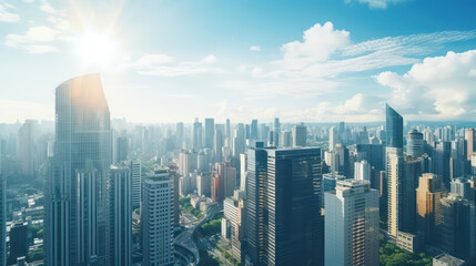 Fototapeta premium Cityscape featuring modern glass architecture under blue sky