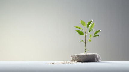 Fototapeta na wymiar a small plant sprouting out of a rock on top of a table with a light gray wall in the background.