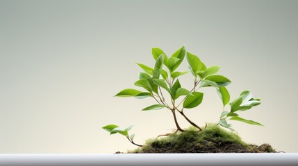  a small tree growing out of a pile of dirt on top of a white table next to a gray wall.