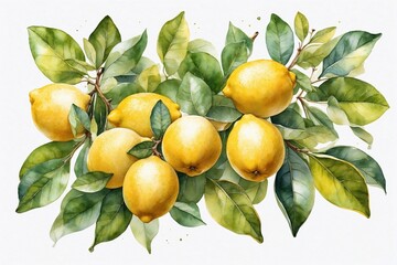 watercolor lemons with leaves in pastel colors on white background