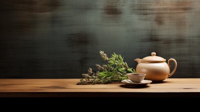  a tea pot and a cup sit on a table with a plant in front of it and a wall in the background.