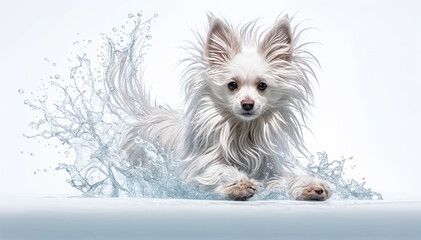 small white dog with long hair playing in water on white background - obrazy, fototapety, plakaty