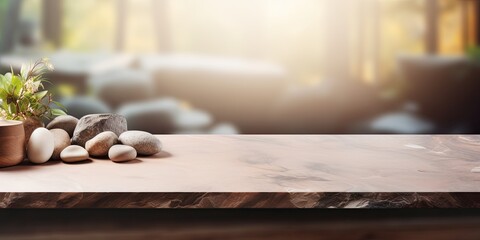 Display or montage your products on a blurred kitchen background with an empty rock table.