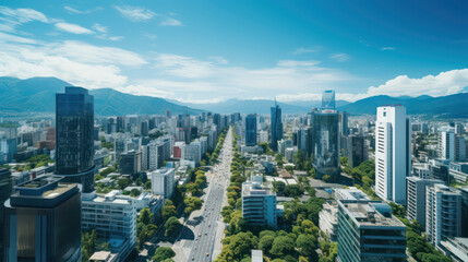 Eco-friendly cityscape: glass skyscrapers and lush parks coexisting harmoniously