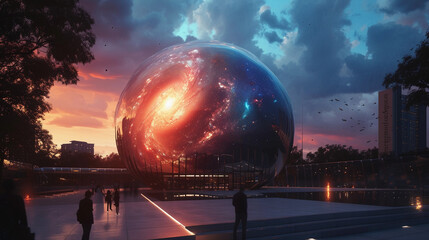 planetarium at dusk, its modern glass and steel structure glowing with internal light. The projection inside shows a detailed and vibrant nebula, casting a colorful glow on the interior and the surrou