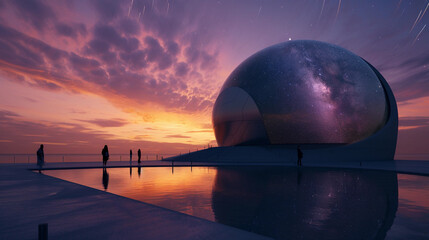 Fototapeta na wymiar planetarium during sunset, with its reflective dome mirroring the orange and purple hues of the sky. Inside, visitors are immersed in a 360-degree projection of a starry night sky, with shooting stars