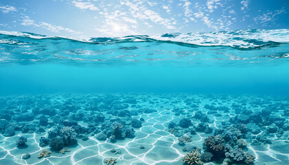 Fototapeta na wymiar split view of the ocean with the underwater view showing coral reefs and sandy sea floor