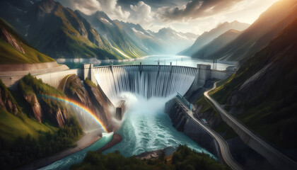 Hydroelectric Power in Nature: Majestic Dam with Rainbow in Mountainous Landscape - obrazy, fototapety, plakaty