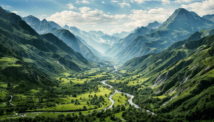 A deep green valley with Neel river running through it surrounded by tall mountains - obrazy, fototapety, plakaty