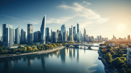 Fototapeta premium Skyline of the future: city skyscrapers intertwined with greenery and water