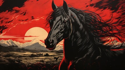  a painting of a black horse in front of a red sky with mountains and a red sun in the background.