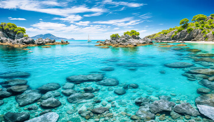 Fototapeta na wymiar a crystal-clear blue lagoon with rocks and boats floating on the surface
