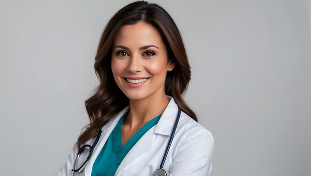 Female Doctor In Her Thirties Standing In Isolated Background, Portrait Studio Shot