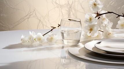 table setting details, paying particular attention to the textures of white flowers and metal surfaces.