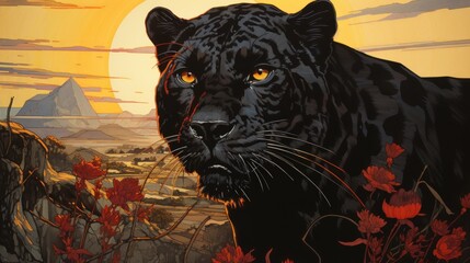  a painting of a black leopard in a field of red flowers with the sun setting in the distance behind it.