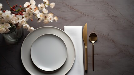 Minimalist table decor and table settings, with an empty plate as the focal point. This enhances overall realism and draws attention to detail.