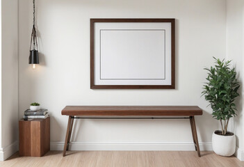 Country home entrance with white wall and wooden bench. Two square wooden frames adorning the wall.