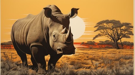  a painting of a rhino standing in a field with trees in the background and a sun setting in the sky.