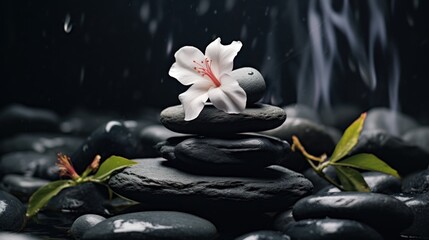 Obraz na płótnie Canvas a white flower sitting on top of a pile of black rocks on top of a pile of black rocks on top of a pile of black rocks.