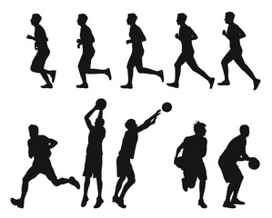 Vector set of male basketball players silhouettes, athletes runners. Basketball, athletics, running, cross, sprinting, jogging, walking