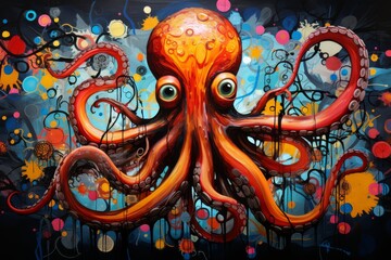 an abstract painting featuring an octopus