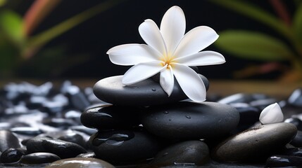 a white flower sitting on top of a pile of black rocks next to some rocks and a plant in the background.