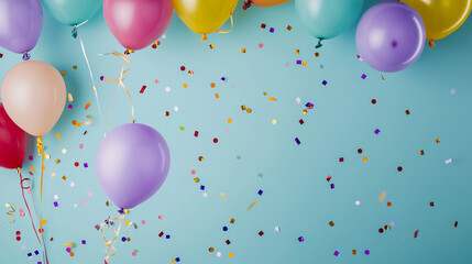 balloons, streamers and confetti occupying the edge of the empty background. AI generative