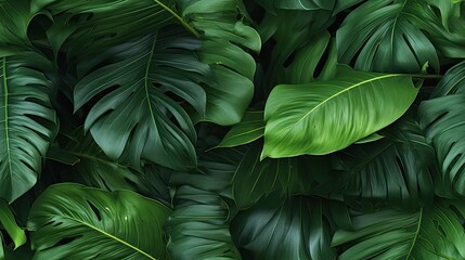 tropical green leaves from different angles and distances to add depth and dimension to the background. Seamless background