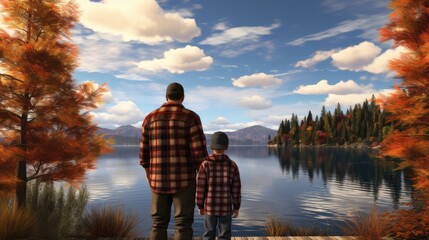 father and son against the backdrop of the lake in plaid shirts that complement the natural setting. Notice the harmony of the colors of their clothes and the calm waters of the lake.